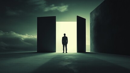 A businessman contemplates his options as he stands at a crossroads, represented by two open doors. His indecision is palpable as he weighs the potential outcomes of each path