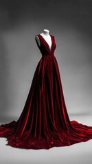 Naklejka premium A stunning evening dress in deep red velvet, with a flowing silhouette and elegant train, set against a minimalist backdrop to showcase its luxurious fabric.