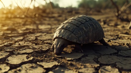 Fototapeta premium an armadillo crawling over cracked, dry earth, its skin dry and rough, surrounded by barren jungle vegetation, muted earthy tones with dramatic lighting