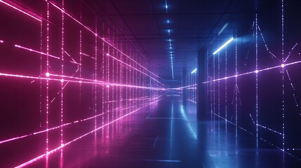 Glowing neon grid lights tunnel illustration futuristic digital art. AI Generated