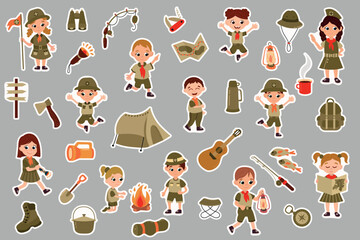 A set of stickers with scouts. Cheerful boy and girl scouts in different poses