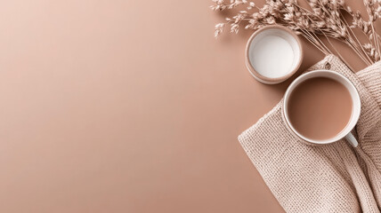 Warm drink on table with cozy knitted textiles and decorative dried flowers