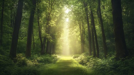 Obraz premium Sunlight Path in a Mystical Forest. Concept of peace, tranquility, and nature.