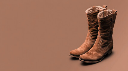 Brown suede cowboy boots with low heel on brown background