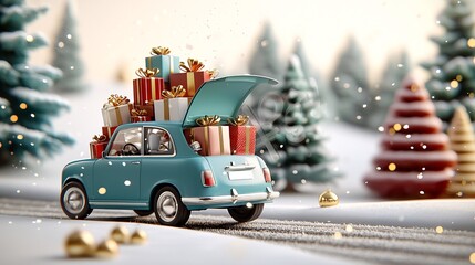 Obraz premium Delivery freight package New Year concept. A festive blue car loaded with colorful gifts drives through a snowy landscape, surrounded by Christmas trees and holiday decorations.