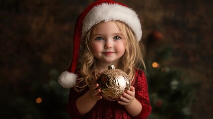 Naklejka premium A sweet little girl in a festive Santa Claus dress and hat, holding a shiny Christmas ornament, filled with holiday joy.