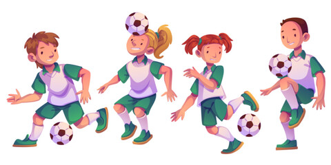 Sport kids character set - children playing soccer in white and green uniforms, demonstrating different ball control techniques, dribbling and heading skills. Youth football game educational design.