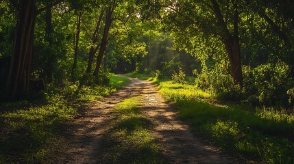Obraz premium Sunlight Path Through Lush Forest. Nature, Tranquility, Wilderness.