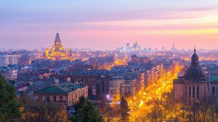 Fototapeta premium A futuristic city skyline at dusk, with illuminated buildings and streets. The city lights create a dynamic, modern feel, perfect for technology, urban life, or business-related content. 