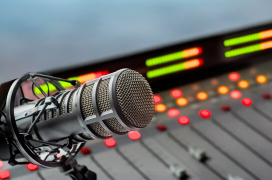 Professional microphone and sound mixer in radio station studio