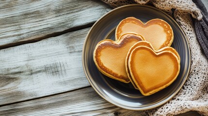Heart-Shaped Pancakes on Rustic Wooden Table