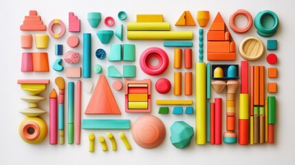 A variety of colorful wooden building toys and shapes in a range of bright colors, arranged on a white background for an educational play experience.