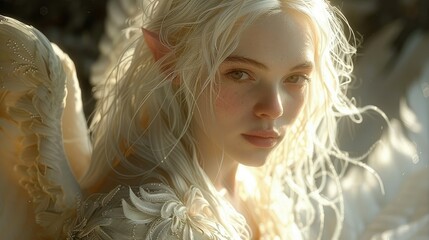 Fototapeta premium A serene portrait of a fantasy character with ethereal features and delicate wings.