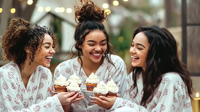 Friends Celebrating Galentines Day with Cupcakes and Pajamas