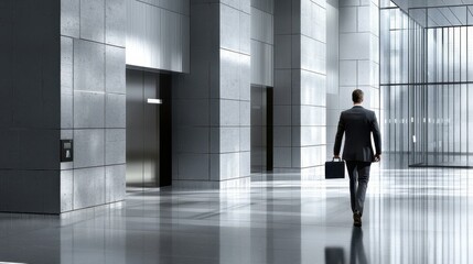 Fototapeta premium A man in a suit, holding a briefcase, walking through the lobby of a modern office building. The sleek, minimalist design of the lobby reflects a professional corporate environment. This image 