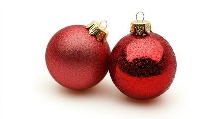 Two shiny red Christmas ornaments with glitter on a white background.