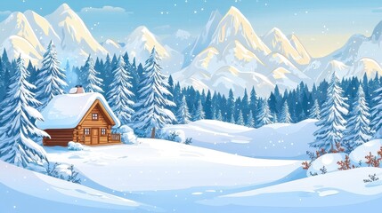 A peaceful, snowy mountain landscape with a cozy cabin and snow-covered trees. The scene is perfect for winter travel, holidays, or outdoor winter activities content. 