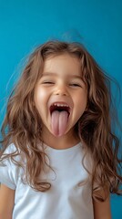 Playful Girl Sticking Out Tongue, Candid Portrait Against Blue Background. AI Generated