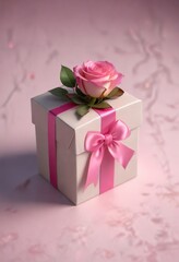 Obraz premium Gift box with pink ribbon and a small rose flower inside, present, rose