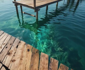 Fototapeta premium Glistening blue green water reflected in the wooden dock, reflection, calm