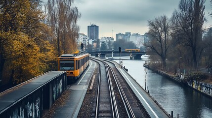 Naklejka premium Urban Train Station by Canal. Cityscape and Transportation.