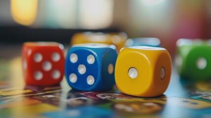 Colorful Dice on a Game Board: A Close-Up of Fun and Chance
