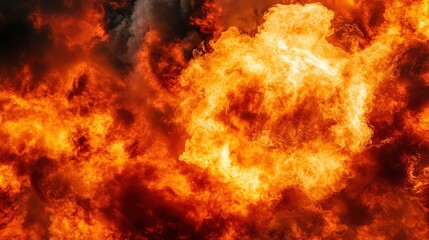 Obraz premium A vivid and hot hell-inspired scene, with red and yellow flames blasting outward in an explosion of fire and smoke, leaving the center open for impact.