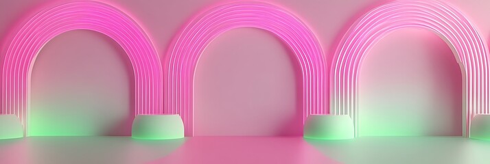 Soft pink and neon green glowing geometric arcs arranged symmetrically