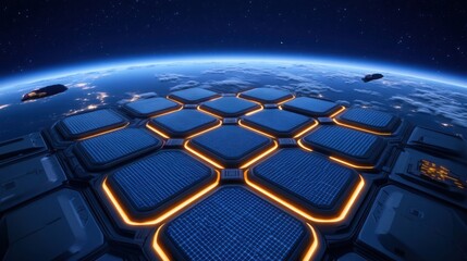 Naklejka premium a futuristic space station orbiting Earth, with glowing solar panels and a sleek, modular design