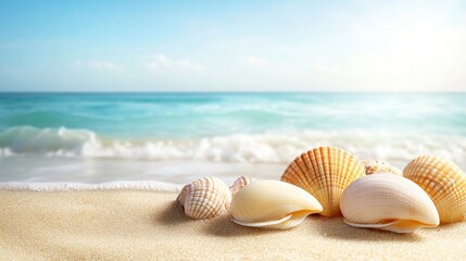 Seashells on sandy beach with ocean waves in the background.