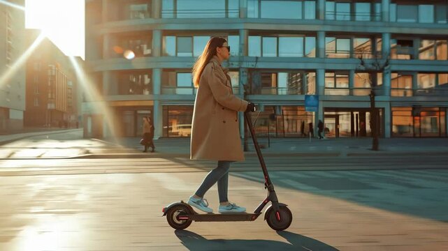woman riding electric scooter on the city street