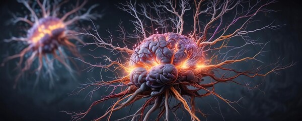 Electrical brain activity with glowing neurons , brain electricity, electroencephalography EEG