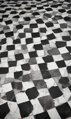 Fototapeta premium Distressed black and white checkered floor tile with a worn, vintage appearance, floor tiles, worn