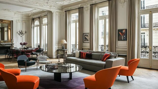 Modern interior design of a stylish living room in a Parisian apartment with elegant decor and large windows