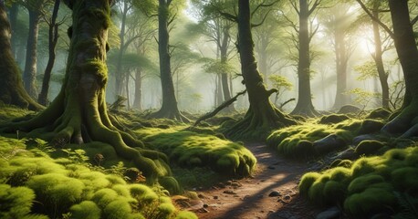 Dense foliage of moss-covered trees in a sunny forest, greenery, sunlight filtering through leaves, leafy branches