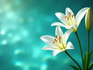 Fototapeta premium Delicate white lily branches on turquoise water background spring, blooms, flowers, lilies