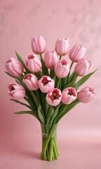 Fototapeta premium Delicate pink tulips arranged in a loose bouquet on a soft pink background , floristry , pink tulips, pink flowers