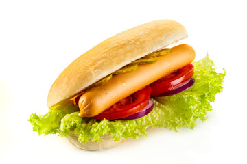 Hot dog with vegetables on white background