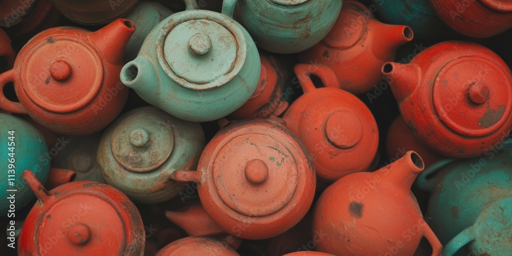 Poster Colorful clay teapots stacked in a vibrant arrangement showcasing unique textures and forms