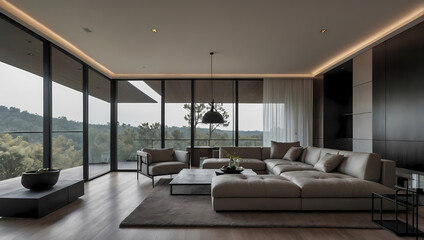 Modern living room with large windows, minimalist furniture, and a view of greenery outside.