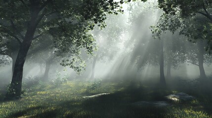 Obraz premium Misty Forest Sunlight. Concept of serenity, nature, and tranquility.