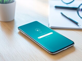 Fototapeta premium A horizontally placed smartphone on a minimalist desk, with its vivid login interface and elegant details in focus