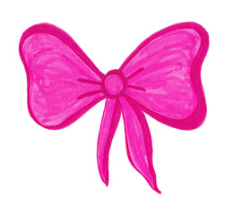 Pink bow isolated on white background. It has a red rough outline. And blur texture. Decor. Hand draw. Markers. Holiday accessories, gifts, for hair, clothes.