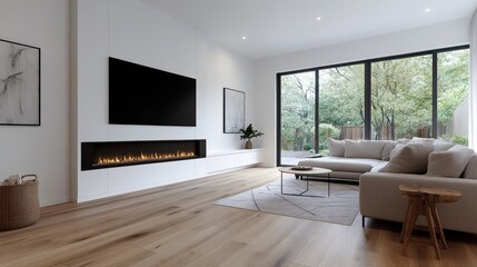 Obraz premium Pristine white living room with minimalist elegance, showcasing a sleek design and large windows opening to nature.