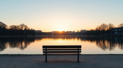 A serene lakeside scene featuring a bench facing a beautiful sunrise, reflecting tranquility and nature's beauty.