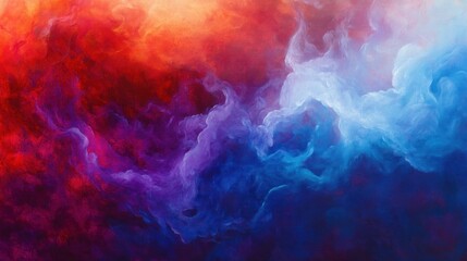 Bold red, blue, and purple smoke and fog swirling and merging in an intense, dramatic, and abstract background with contrasting colors.