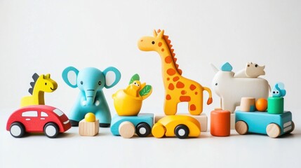 Obraz premium Bright and vibrant wooden toys in the shape of animals, cars, and blocks, isolated on a clean white background, perfect for children's play.