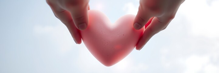 Pink heart held gently in hands against a pastel sky