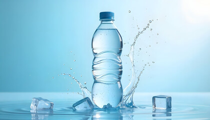 Plastic Water Bottle with Splash on Light Blue Background