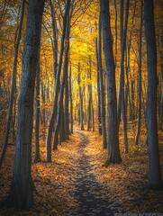 Fototapeta premium An enchanting autumn path through a forest adorned with golden leaves, tall trees displaying vibrant foliage, and gentle sunlight streaming between the branches invites adventure.